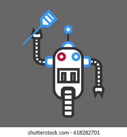Robot machine cooker with wooden spatula for frying isolated.