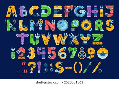 Robot machine font, gear wheel typeface, mechanical engineering type, kids english alphabet letters and numbers vector typography. Mechanic technology abc characters of cartoon mechanical parts, bolts