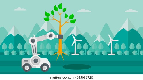 Robot machine holding a big tree. Robot machine plants a big tree. Robot machine used for tree transplantation. Environmental conservation concept. Vector flat design illustration. Horizontal layout.