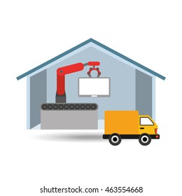 robot machine in house and truck icon, vector illustration