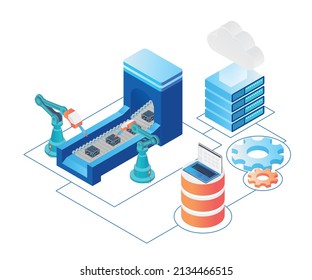Robot machine illustration with isometric style cloud data storage