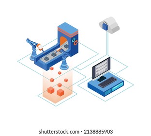 Robot machine illustration with isometric style cloud data storage