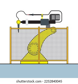 Máquina robótica para soldadura con protección o valla para seguridad en la fábrica o la ilustración de fabricación.