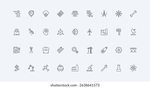 Robot, machinery and factory equipment, engineer thin black outline symbols vector illustration. Engineering in industry, construction and infrastructure, manufacturing, gears line icon set