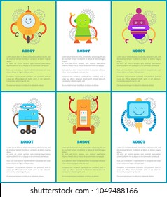 Robot machines collection, vector illustrations, cheerful robots on wheels and reactive engines, text sample, gears on backdrops, different forms arms