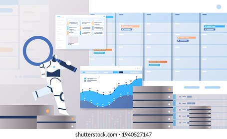 robot with magnifying glass analyzing statistics graphs and charts financial data analyzing artificial intelligence