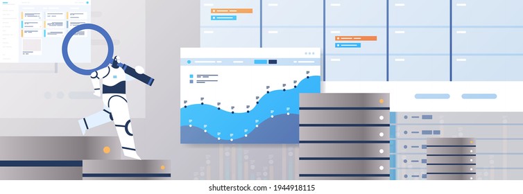 robot with magnifying glass analyzing statistics graphs and charts financial data analyzing artificial intelligence