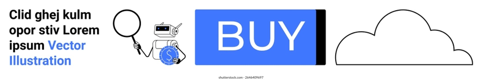 Robô com lupa, botão de compra azul, símbolo de nuvem. Ideal para comércio eletrônico, tecnologia, IA, robótica, computação em nuvem, marketing digital, compras on-line. Cabeçalho envolvente, página inicial