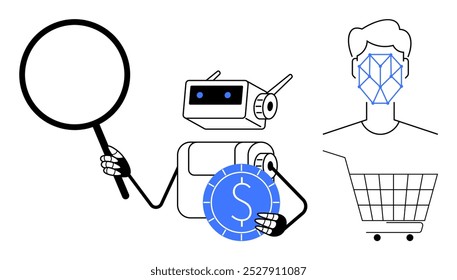 Robô com lupa e moeda, pessoa com reconhecimento facial e carrinho de compras. Ideal para comércio eletrônico, IA, automação, finanças e temas de reconhecimento facial. Estilo limpo e moderno