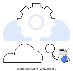 Robot con lupa examina los datos de la nube. El mecanismo de engranajes de arriba simboliza la tecnología. Ideal para IA, tecnología, análisis de datos, computación en la nube, automatización, investigación e innovación. Metáfora de línea