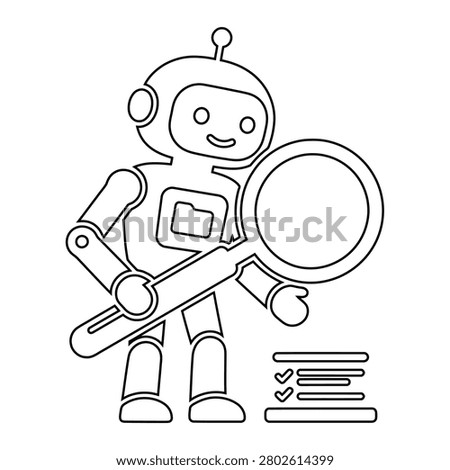 Robot with magnifying glass and file folder line art illustration
