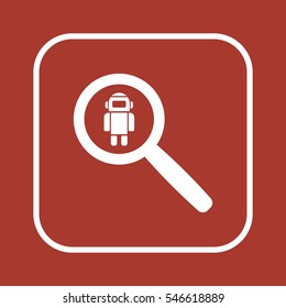 Robot in magnifying glass icon. Flat design.
