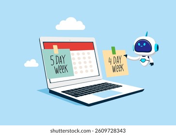 Robot make company 4 day work week. 4 or 5 Day Work Week. Modern vector illustration in flat style