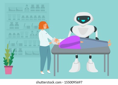 Robot Makes Massage To Man Flat Vector Illustration. Robot Assistant For Handicapped, Futuristic Elderly Care Concept. Replacement Of Human Labor, Medicine Automation.