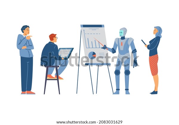 Robot makes presentation with flipchart at\
work meeting, flat vector illustration isolated on white\
background. Business men and women working together in the office\
with artificial\
intelligence.