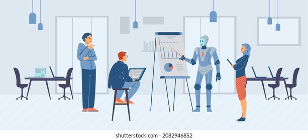 Robot makes presentation in front of group of people at work office, flat vector illustration. Business men and women working together with artificial intelligence machine in the future.