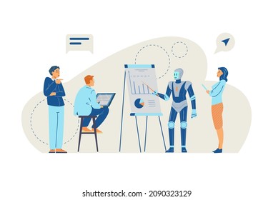 Robot makes presentation helping business people with work, flat vector illustration isolated on white background. Future robotics technology for business.