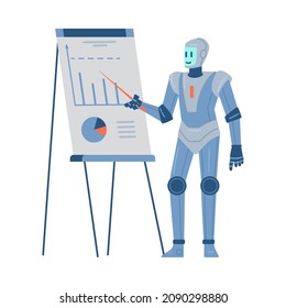 Robot makes presentation while explaining business graphs and diagrams, flat vector illustration isolated on white background. Robotic system and machinery for business.