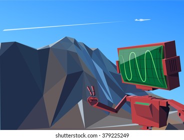 Robot makes selfie on the background of mountains, vector illustration