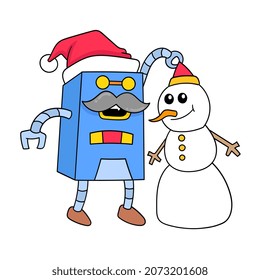 the robot is making a snowman during christmas winter, vector illustration art. doodle icon image kawaii.