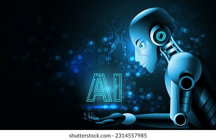 Robot man Artificial intelligence with a beautiful face look at logo AI on hand in blue circuit bokeh blur virtual cyberspace futuristic technology illustration. 