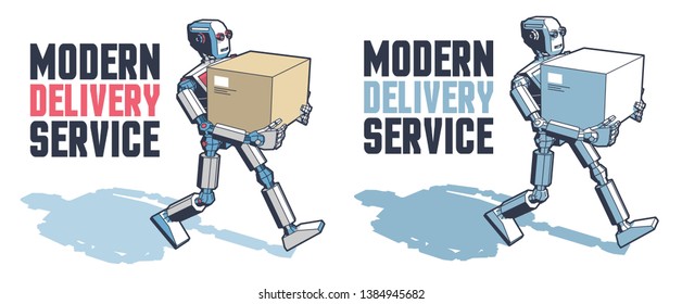 Robot man carries a parcel box. Robotic delivery service. Vector retro illustration.