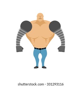 Robot man. Cybernetic men with mechanical hands. Bionic Artificial upper limb. Iron technology in human hands