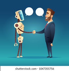 robot and a man greeted. meeting of artificial intelligence and businessman