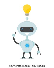 Robot man have idea. Bulb over the head of a robot.Vector flat cartoon illustration character icon.Isolated on white background.