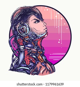 Robot man in headphones listening to music t-shirt design. Cyberpunk art. Portrait of biomechanical soldier, people of future, synthwave, vaporwave and retrowave concept 