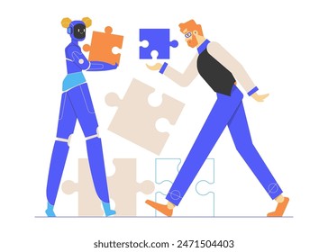 Robot and man holding puzzle pieces. Solving problems using artificial intelligence. Modern technologies in training, work, business. Vector flat illustration with characters.