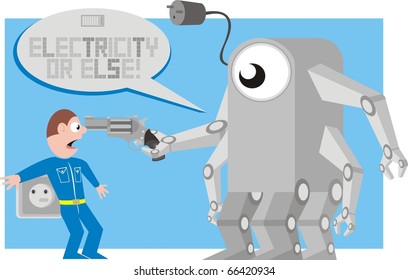 Robot and man involved in an electricity robbery colorful vector illustration.