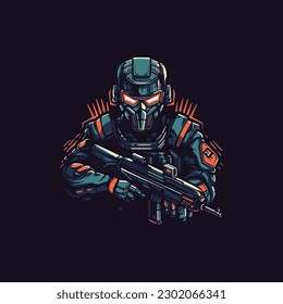 robot man with machine gun in hand. Technology Robot  . flat color logo
