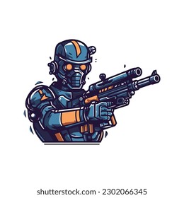 robot man with machine gun in hand. Technology Robot  . flat color logo
