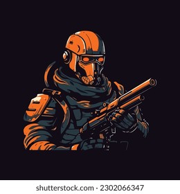 robot man with machine gun in hand. Technology Robot  . flat color logo