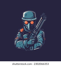 robot man with machine gun in hand. Technology Robot  . flat color logo