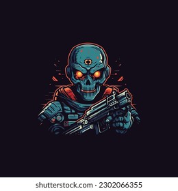 robot con ametralladora en la mano. Robot tecnológico. logotipo de color plano
