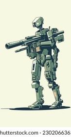 robot man with machine gun in hand. Technology Robot  . flat color logo