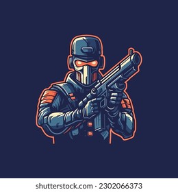 robot man with machine gun in hand. Technology Robot  . flat color logo