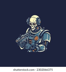 robot man with machine gun in hand. Technology Robot  . flat color logo