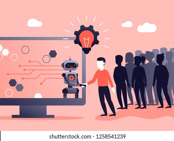 Robot and man make agreement by handshake. Industry 4.0 and artificial intelligence. Machine learning. Flat vector concept illustration in living coral palette