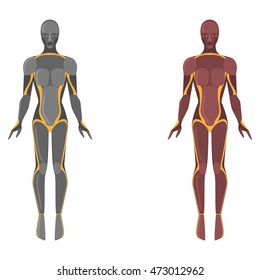 Robot man, male cyborg, technology characters, flat humanoid from future, mechanical chrome body, vector