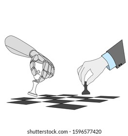 a robot and a man move chess pieces on a chessboard. a game of chess between a robot and a human. artificial Intelligence. vector illustration.