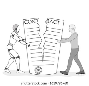 a robot with a man pulling a CONTRACT. Robots take away work from people. struggle for the workplace. vector illustration.