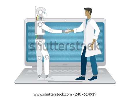 Robot and man shaking hands, standing on laptop. Isolated. Vector illustration.