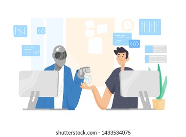 Robot and man sitting at computers and working together at office. Cooperation, support and friendship between guy and android. Human and artificial intelligence. Modern flat vector illustration.