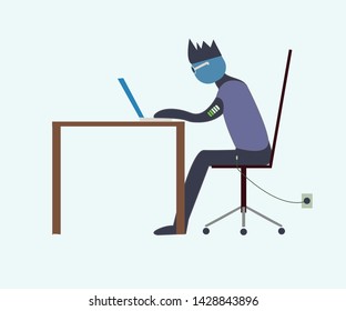 Robot man sitting in the office at the computer and charging