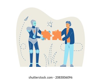 Robot y hombre resuelven juntos el rompecabezas, ilustración vectorial plana aislada en fondo blanco. Trabajador o empleado de oficina recibe ayuda de inteligencia artificial.