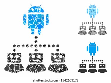 Robot manager composition of trembly parts in variable sizes and color tinges, based on robot manager icon. Vector uneven parts are grouped into collage.