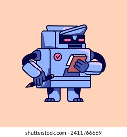 Robot manager take notes, writing ideas, tasks list. AI makes time management strategy, planning. Computer work with optimization processes. Online business planner. Flat isolated vector illustration